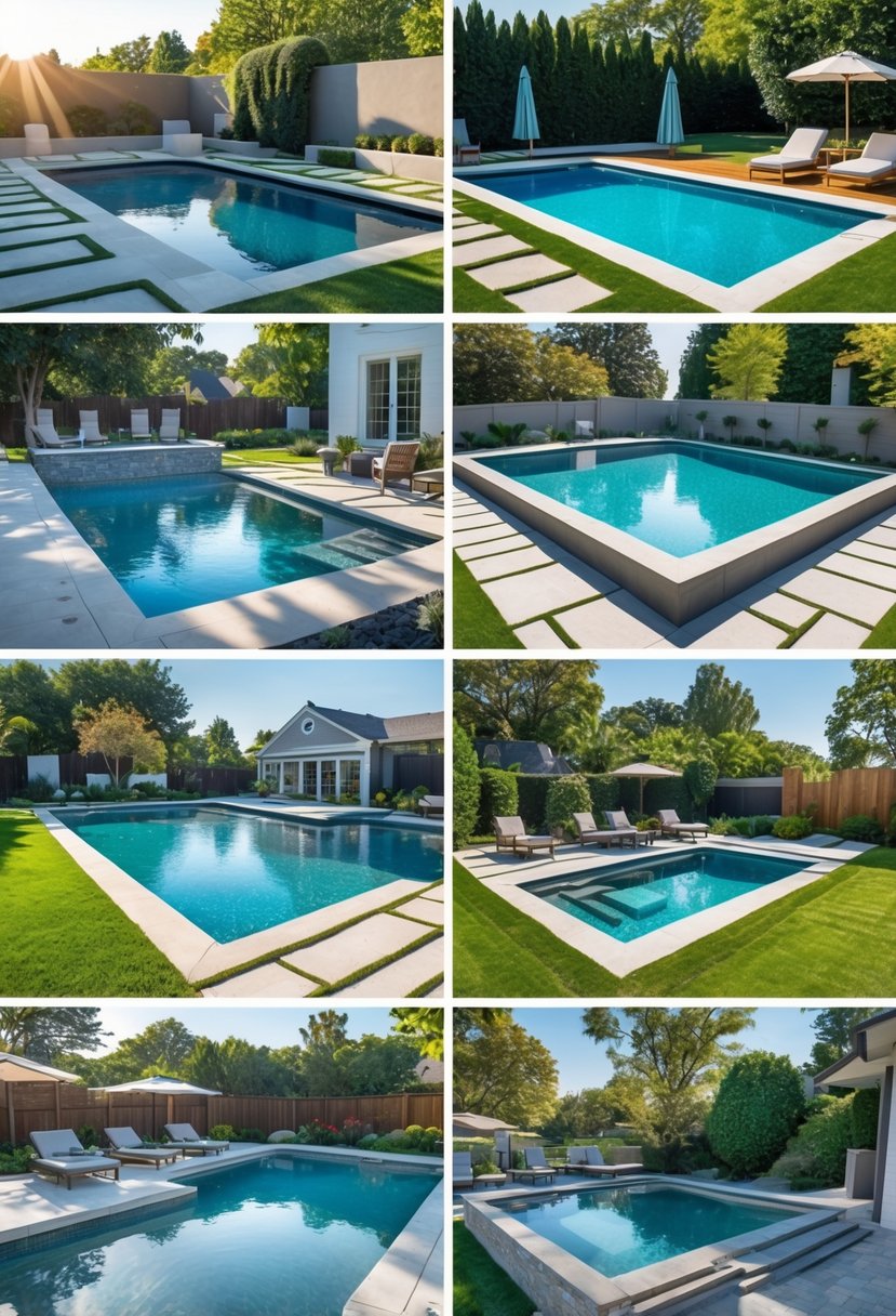 Ten backyard swimming pools with rectangular shapes and clean lines, each set in different outdoor garden and patio environments.