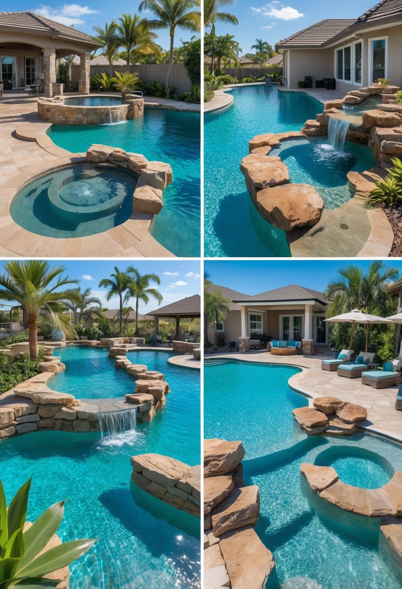 A collection of ten backyard swimming pools with natural rock features, surrounded by plants and outdoor seating areas under a clear sky.