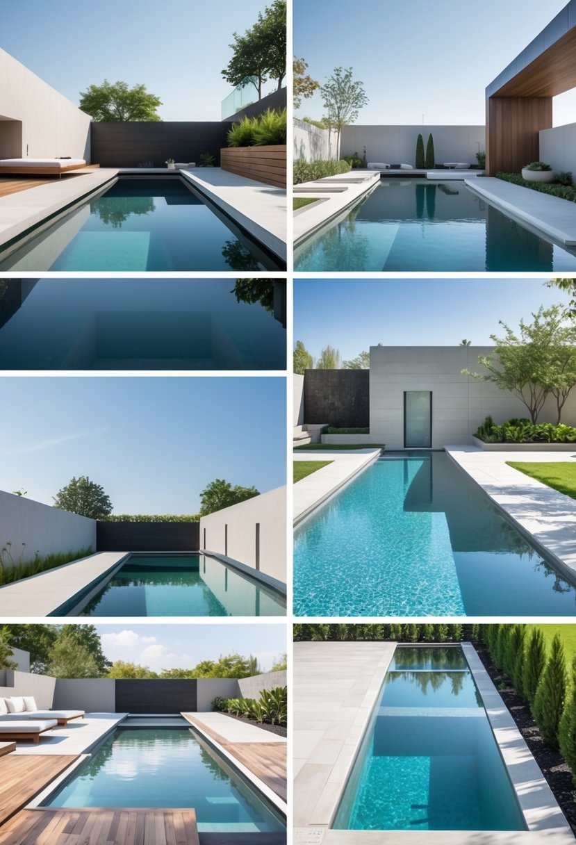 A group of ten backyard swimming pools with clean, simple designs surrounded by decking and greenery.