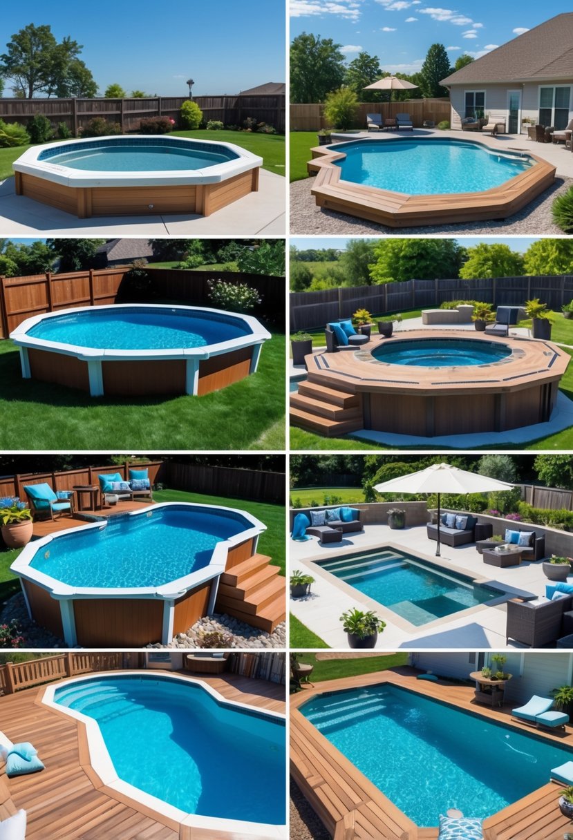 Ten backyard above-ground swimming pools with durable decks surrounded by grass and garden plants.