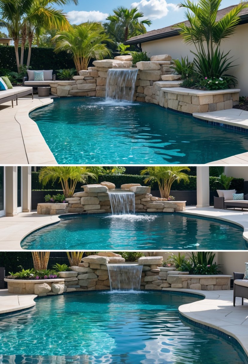 Backyard swimming pool with a built-in waterfall surrounded by plants and outdoor furniture on a sunny day.