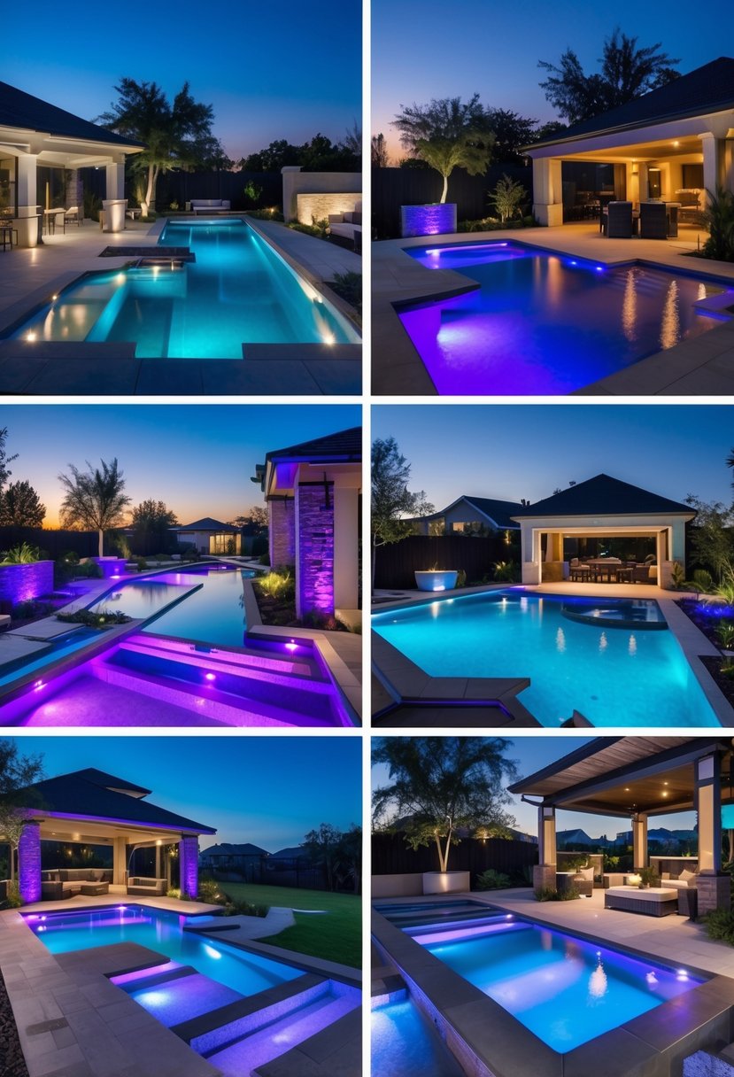 Ten backyard swimming pools illuminated with colorful LED lights at dusk, surrounded by greenery and patio furniture.