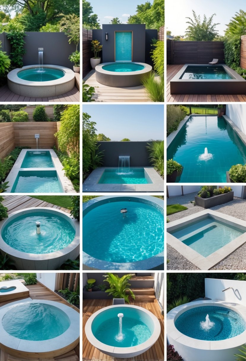 A collage of ten small backyard plunge pools in various shapes and designs, surrounded by plants and outdoor seating.