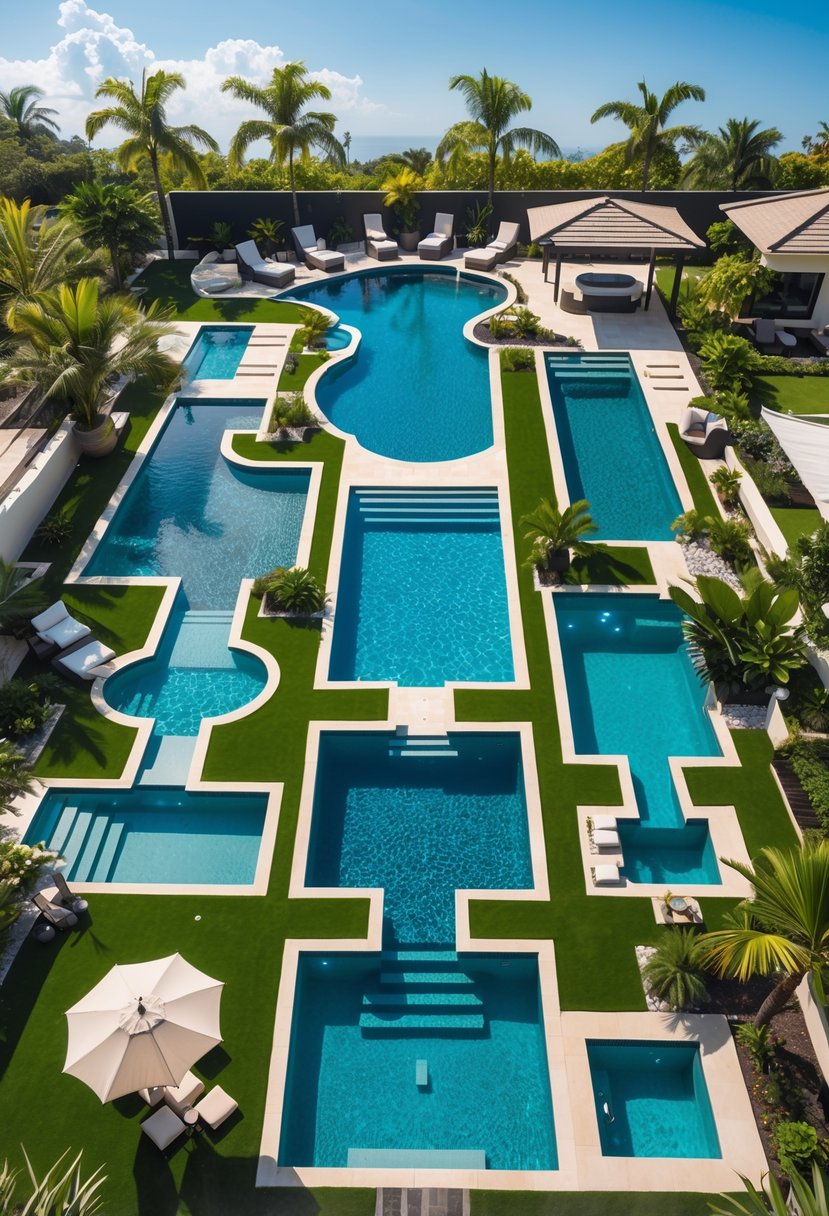 A backyard with ten different swimming pools surrounded by greenery and outdoor furniture under a clear sky.