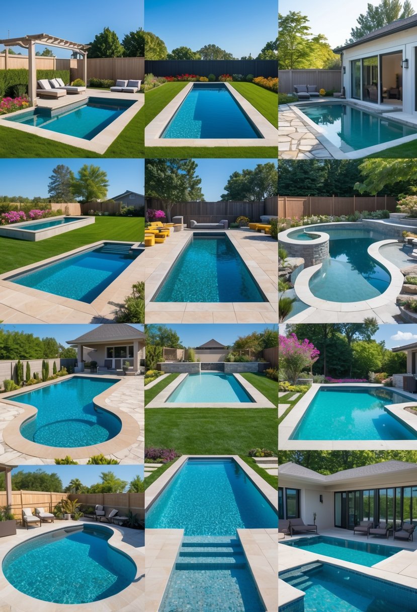 A backyard scene displaying ten different swimming pools with various shapes and landscaping in a sunny outdoor setting.