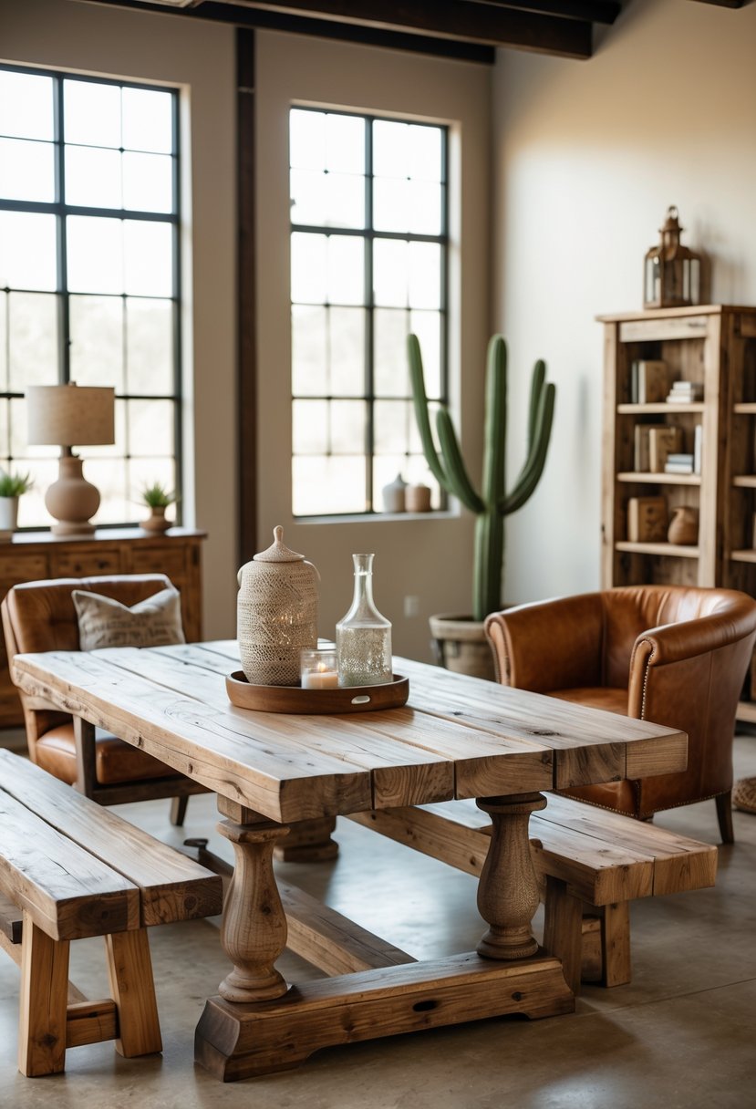 Five pieces of rustic wooden furniture arranged in a well-lit indoor room with natural light.