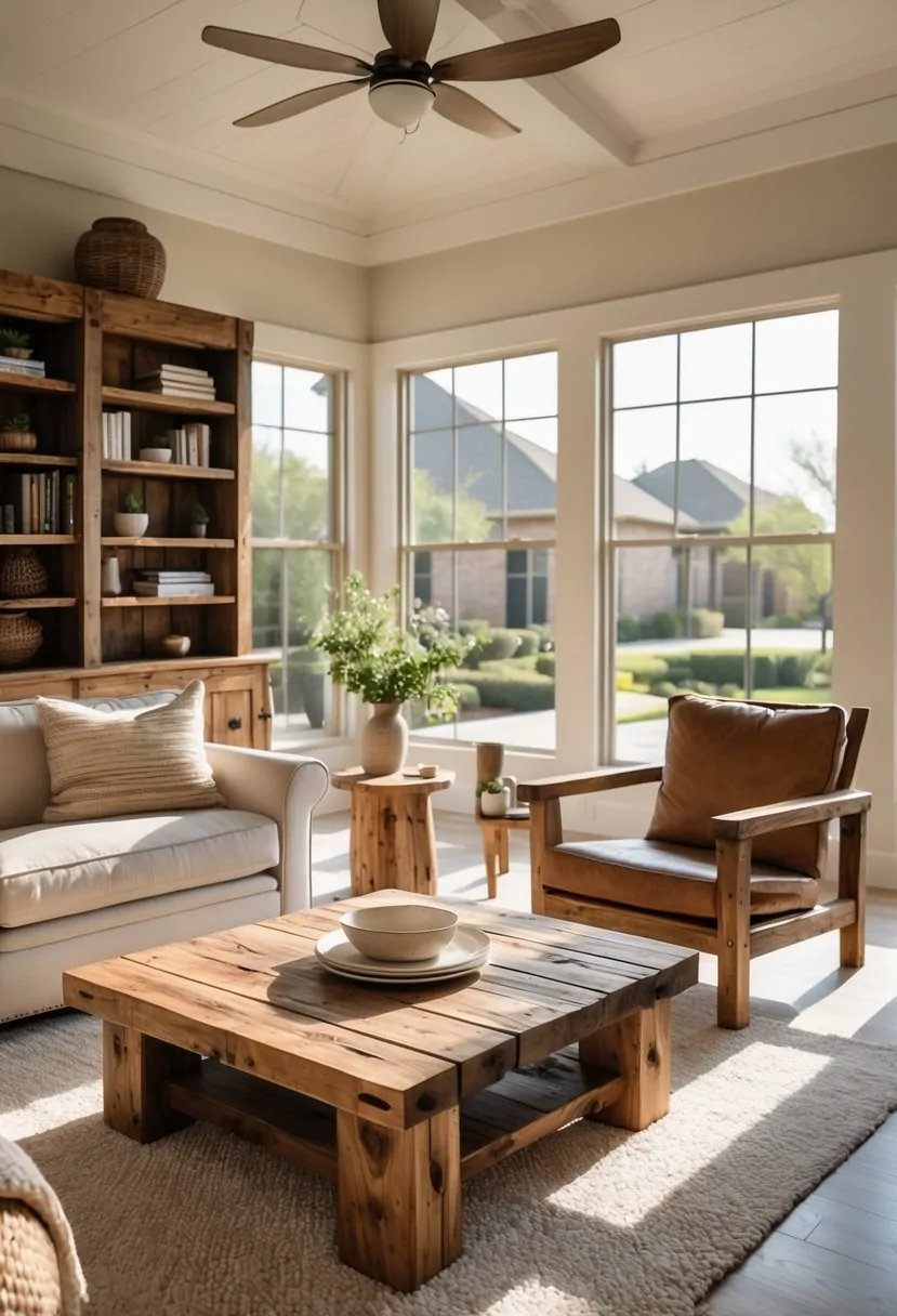 A bright living room in a Dallas home with wooden furniture including a coffee table, bookshelf, armchair, dining table, and bench, illuminated by natural light from large windows.