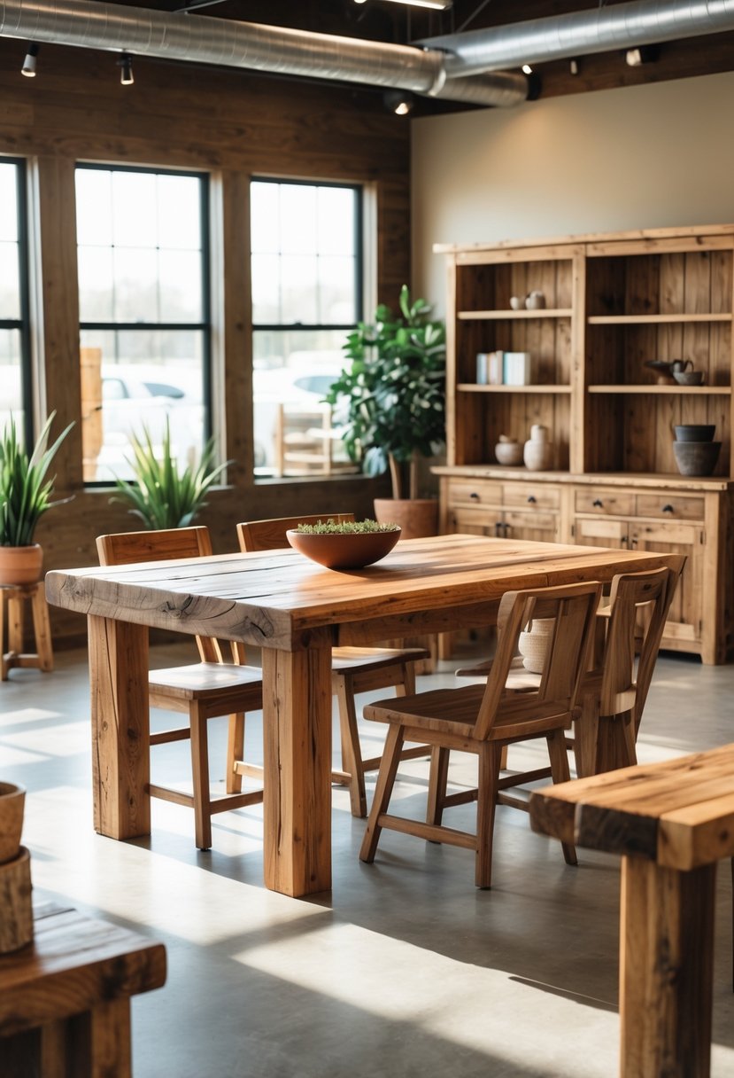 A showroom displaying handcrafted wooden furniture including a dining table, chairs, and a bookshelf with natural light coming through large windows.