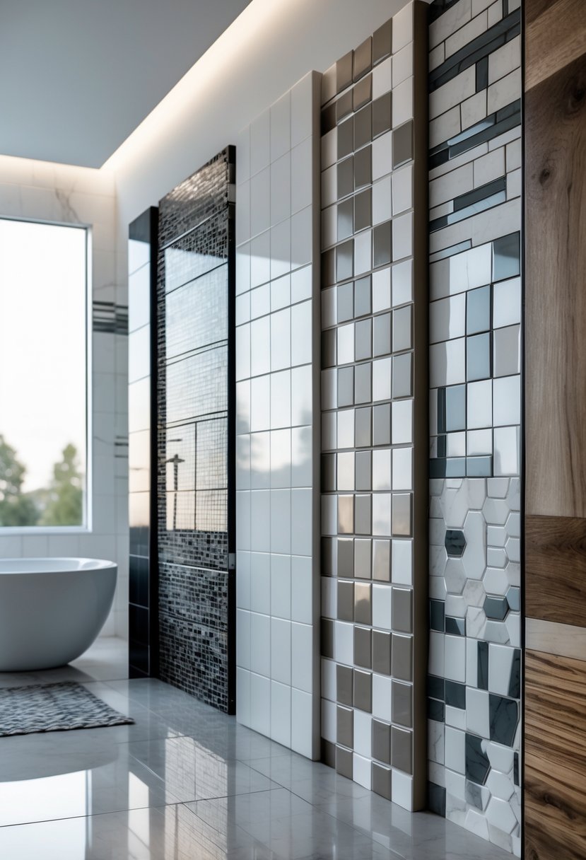 Seven different bathroom tile designs displayed side by side on walls and floors in a modern bathroom.