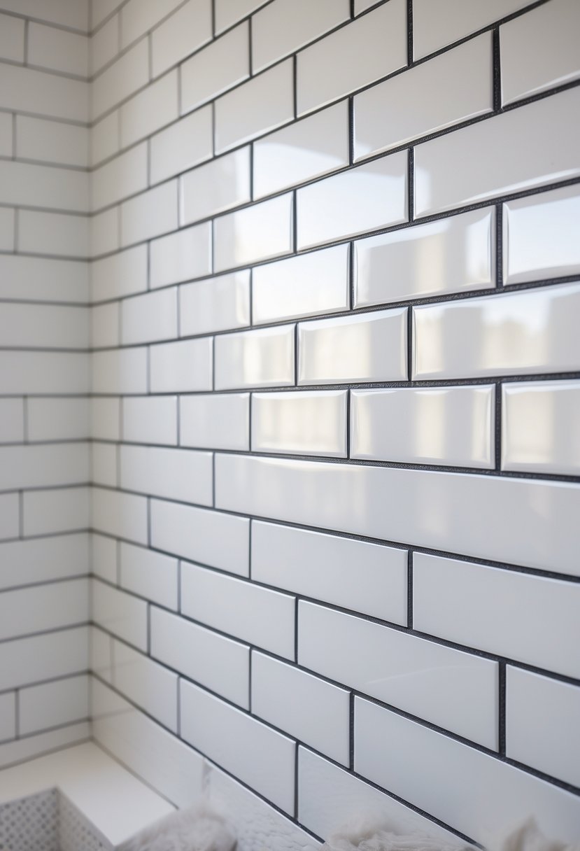 A bathroom wall covered with white rectangular tiles separated by dark grout lines.