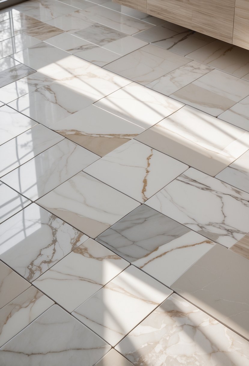 A bathroom floor with seven different large marble tiles arranged side by side.