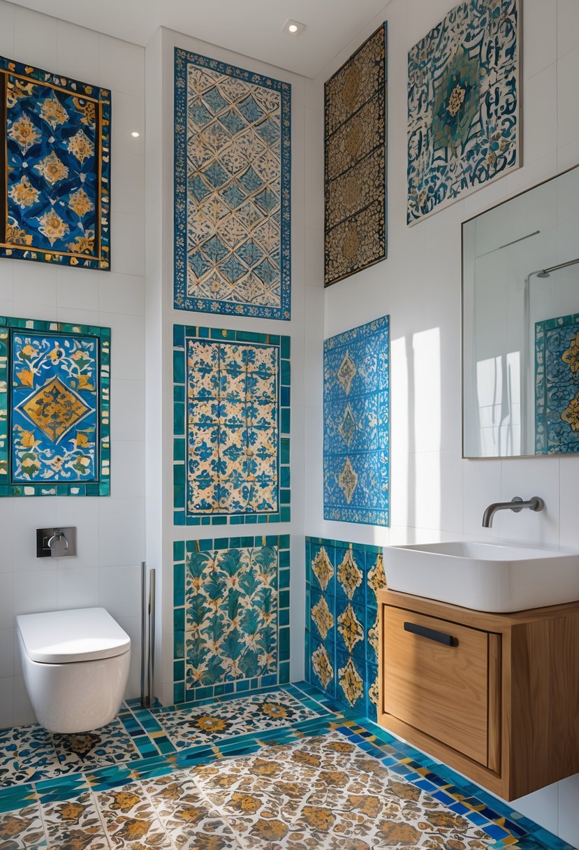 A bathroom interior featuring seven different designs of colorful handcrafted Moroccan tiles on the walls and floor.