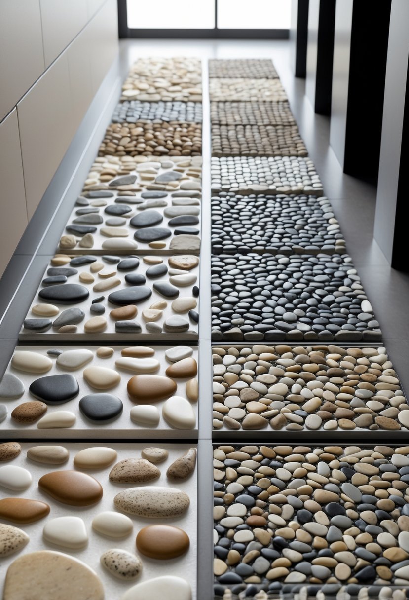 Seven different pebble stone mosaic bathroom floor tile designs arranged side by side on a flat surface.