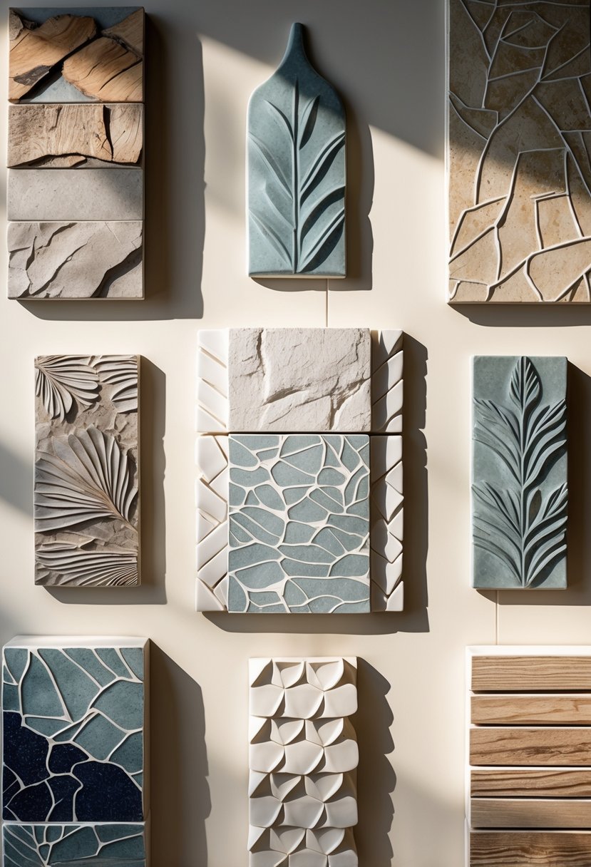 Seven bathroom tiles with natural textures and patterns arranged in a clean layout.