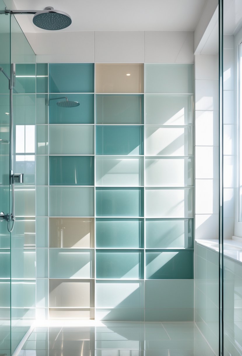 Shower wall with seven different glossy glass tile designs in various shapes and light colors.