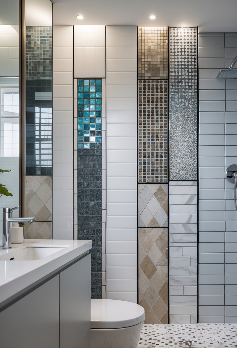 A bathroom wall showing seven different types of bathroom tiles arranged side by side above a vanity with a faucet and mirror.