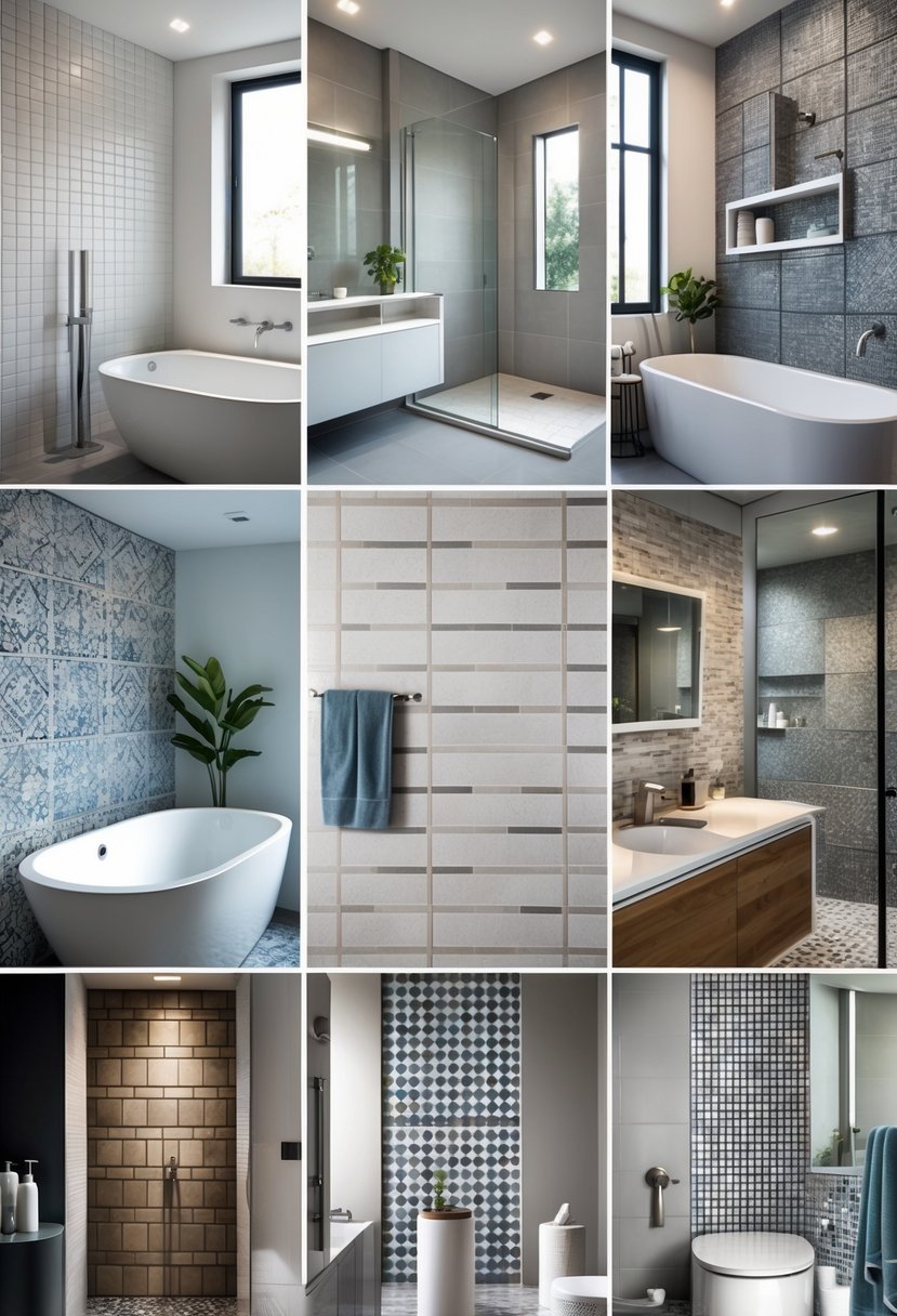 A modern bathroom interior showing seven different tile designs on the walls and floor around a shower, bathtub, and vanity.