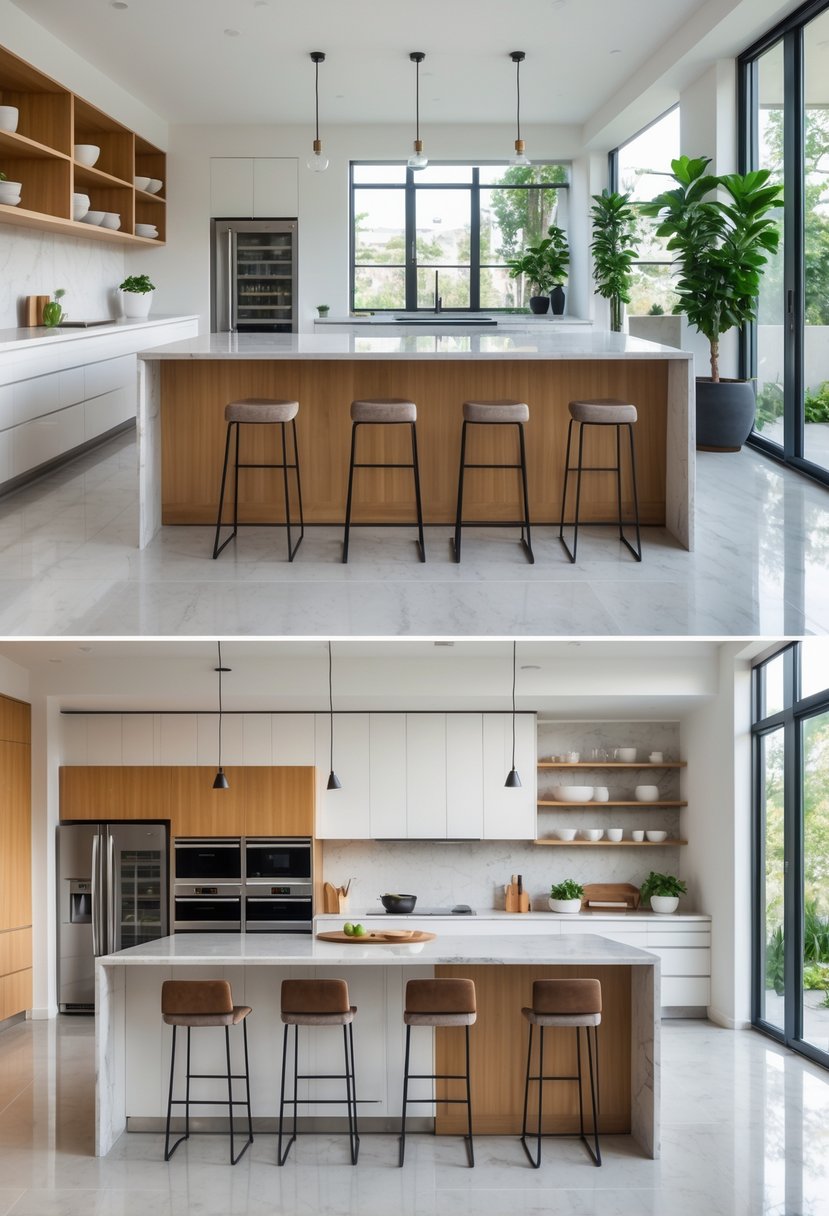 A bright and spacious kitchen with a large island, modern appliances, open shelving, and natural light coming through large windows.