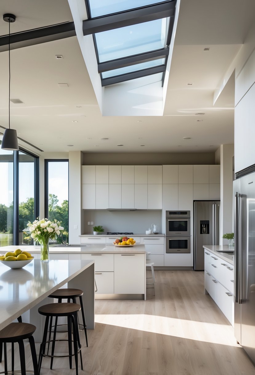 A spacious open-concept kitchen with a large island, modern appliances, and natural light filling the room.