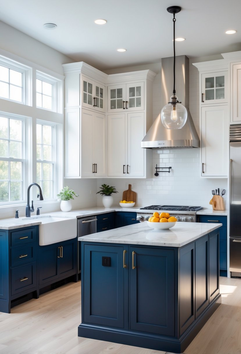 A modern kitchen with white upper cabinets and navy blue lower cabinets, a marble island countertop, stainless steel appliances, and large windows letting in natural light.
