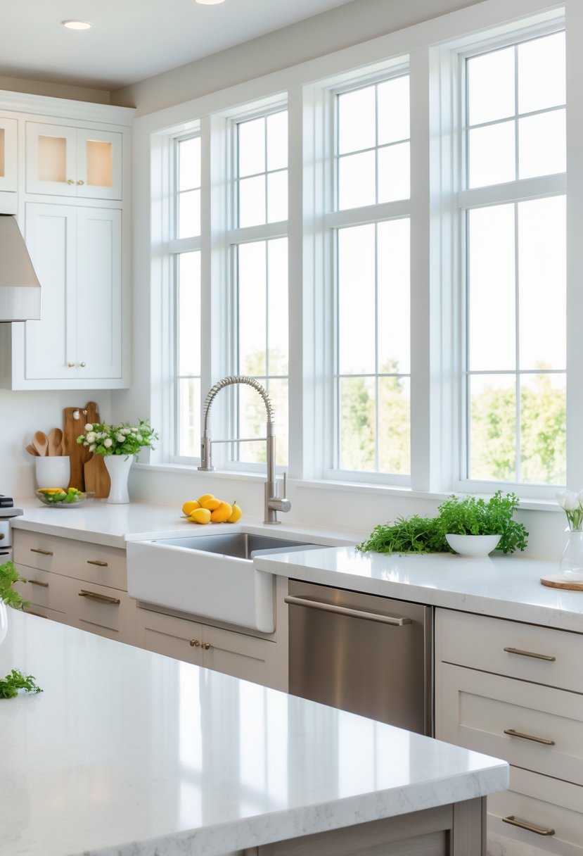 A modern kitchen with white quartz countertops, kitchen island, cabinets, and stainless steel appliances under natural light.