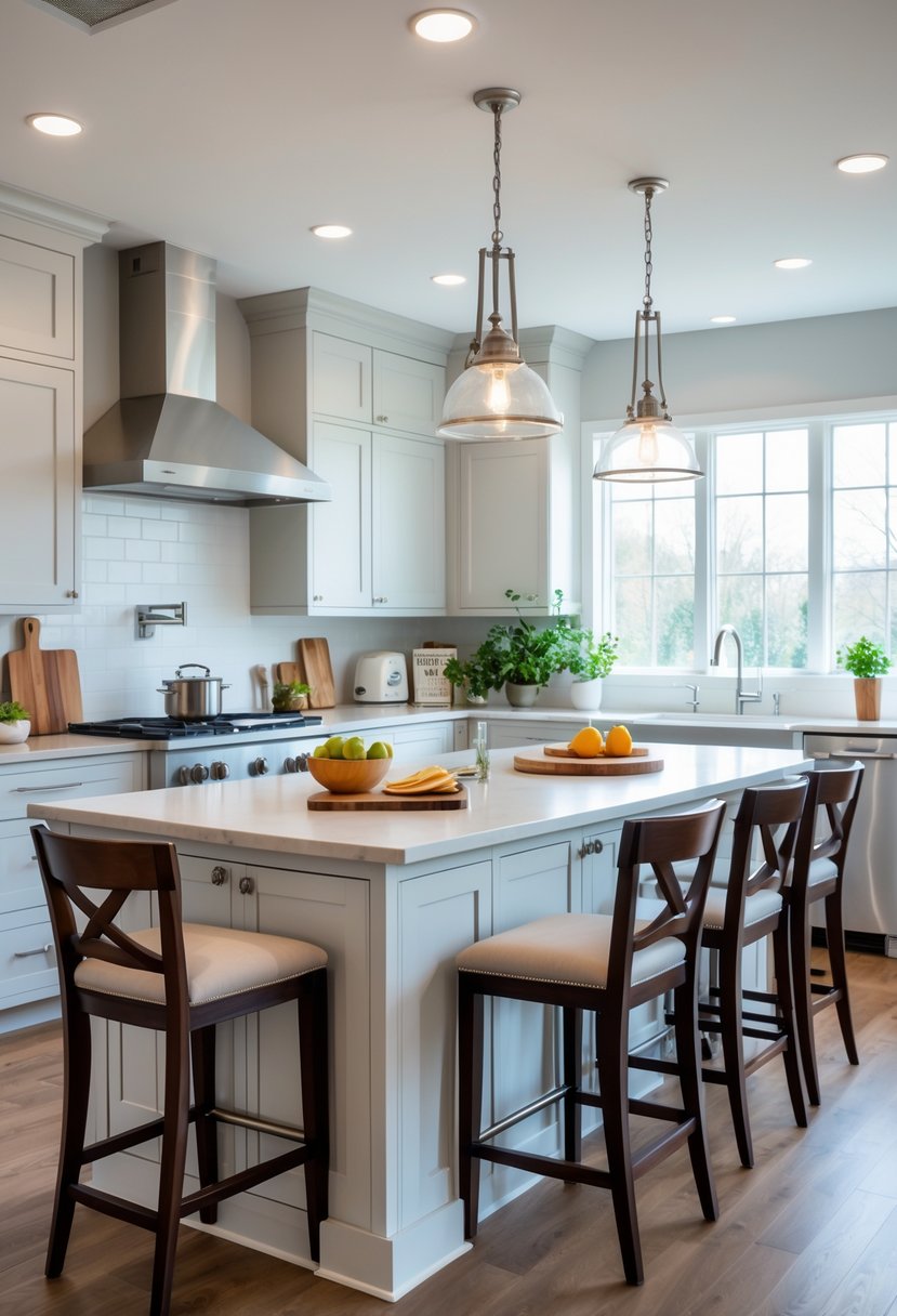 A modern kitchen with a large island featuring seating for four, surrounded by stools, cabinets, and kitchen appliances.