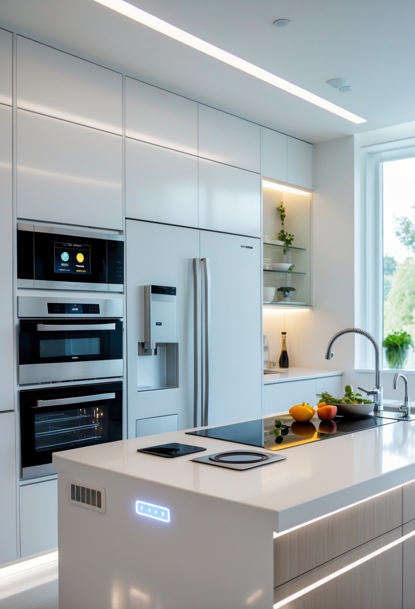 A modern kitchen with built-in smart appliances including a smart oven, touch-screen refrigerator, and induction cooktop, illuminated by natural light.