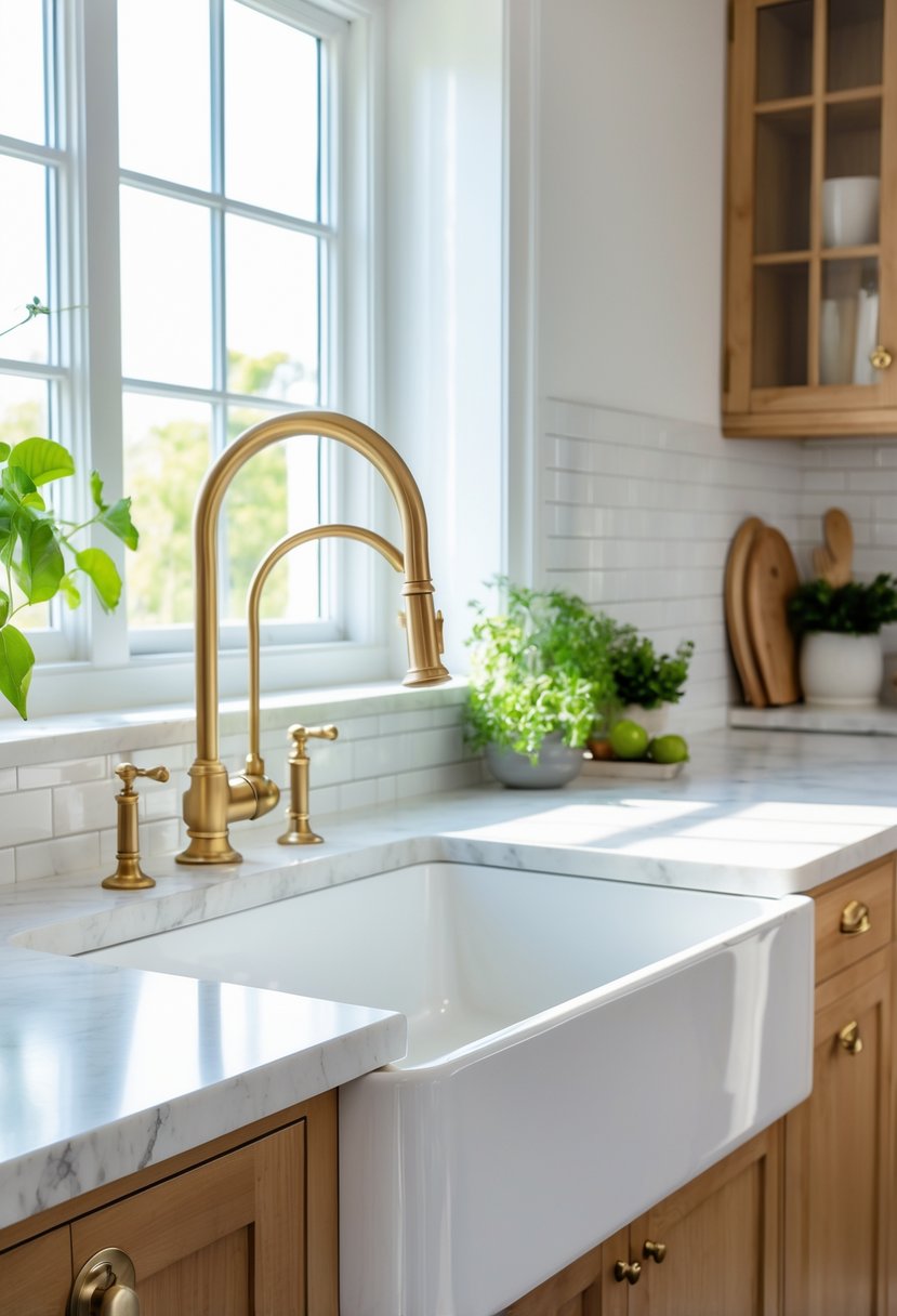 A bright kitchen sink with white basin and brass faucet surrounded by light countertops and cabinets.