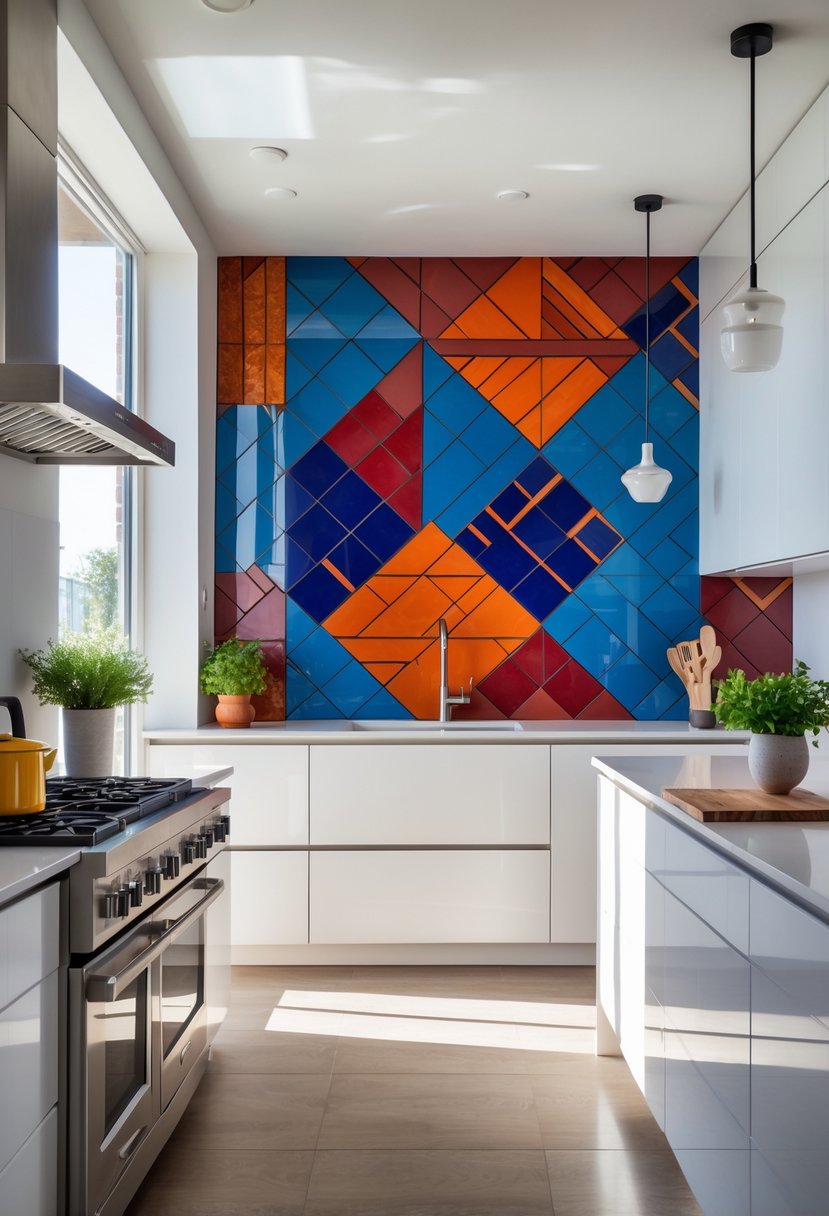 A modern kitchen with colorful bold backsplash tiles behind a countertop and stainless steel appliances.