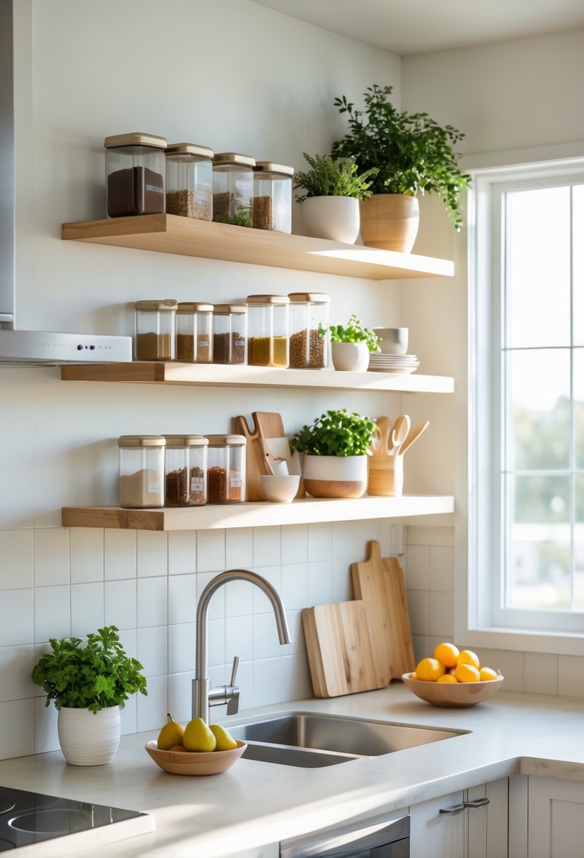A modern kitchen with floating shelves holding jars, cookbooks, plants, and utensils above a clean countertop.