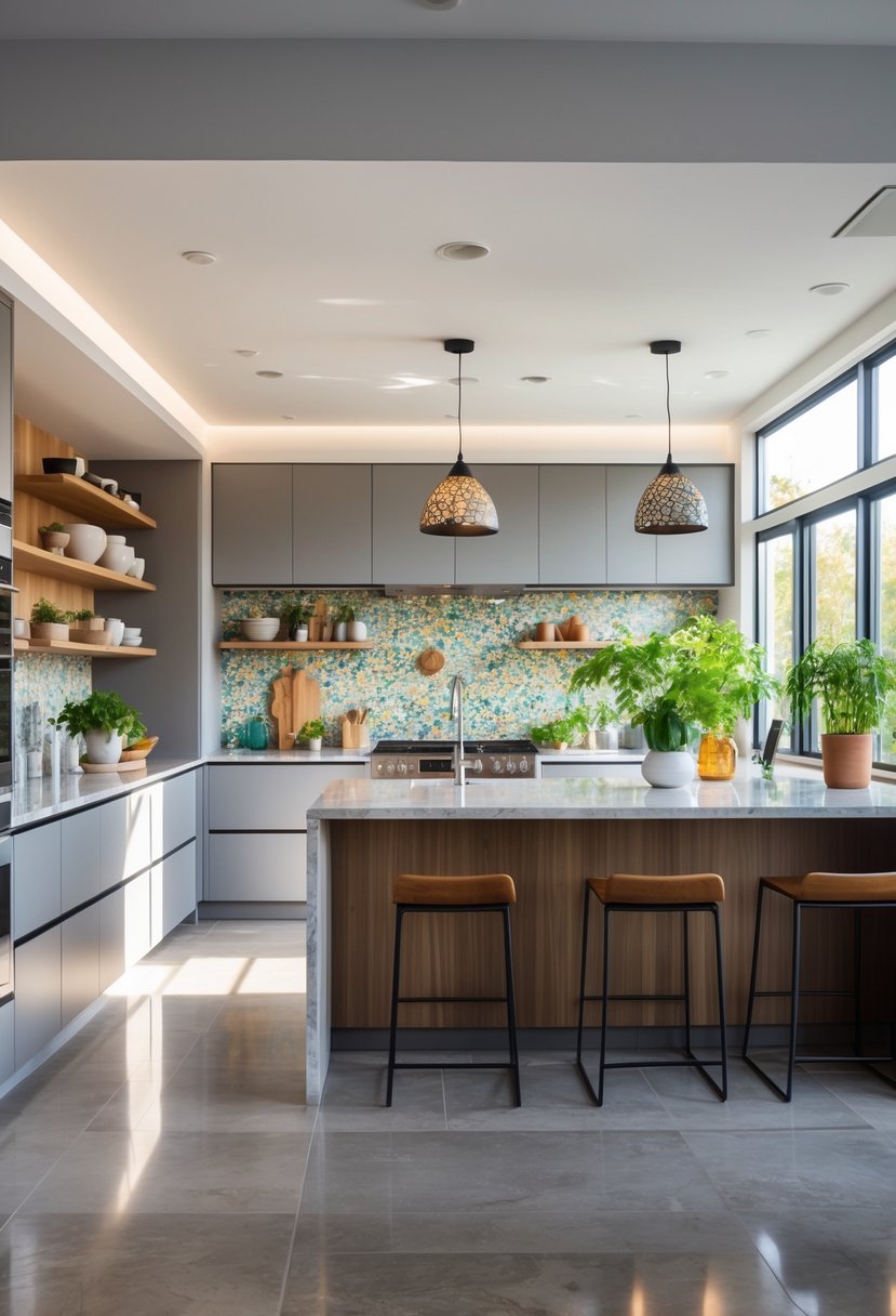 A bright modern kitchen with a large island, stainless steel appliances, wooden accents, and plants on shelves.