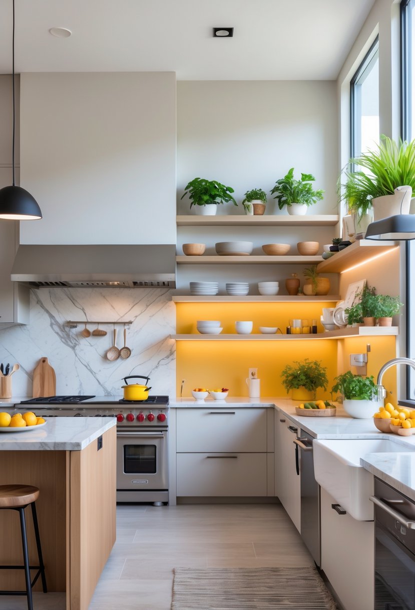 A modern kitchen interior with a large island, pendant lights, open shelving, and natural light coming through windows.