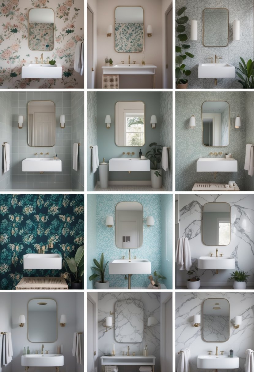 A collage of eight different bathroom interiors, each featuring a unique wallpaper design and bathroom fixtures.