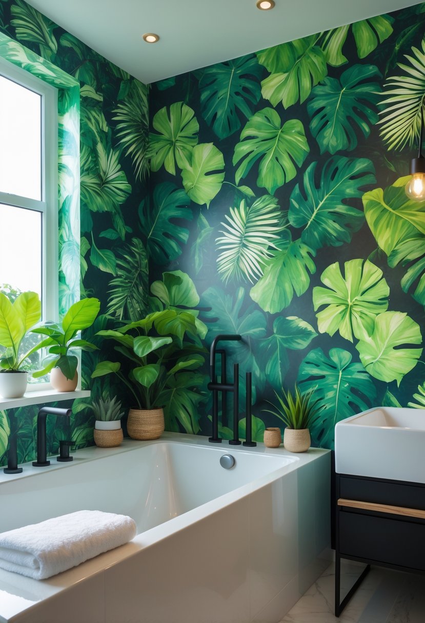 A bathroom with tropical leaf patterned wallpaper, a white bathtub, sink, and natural light coming through a window.