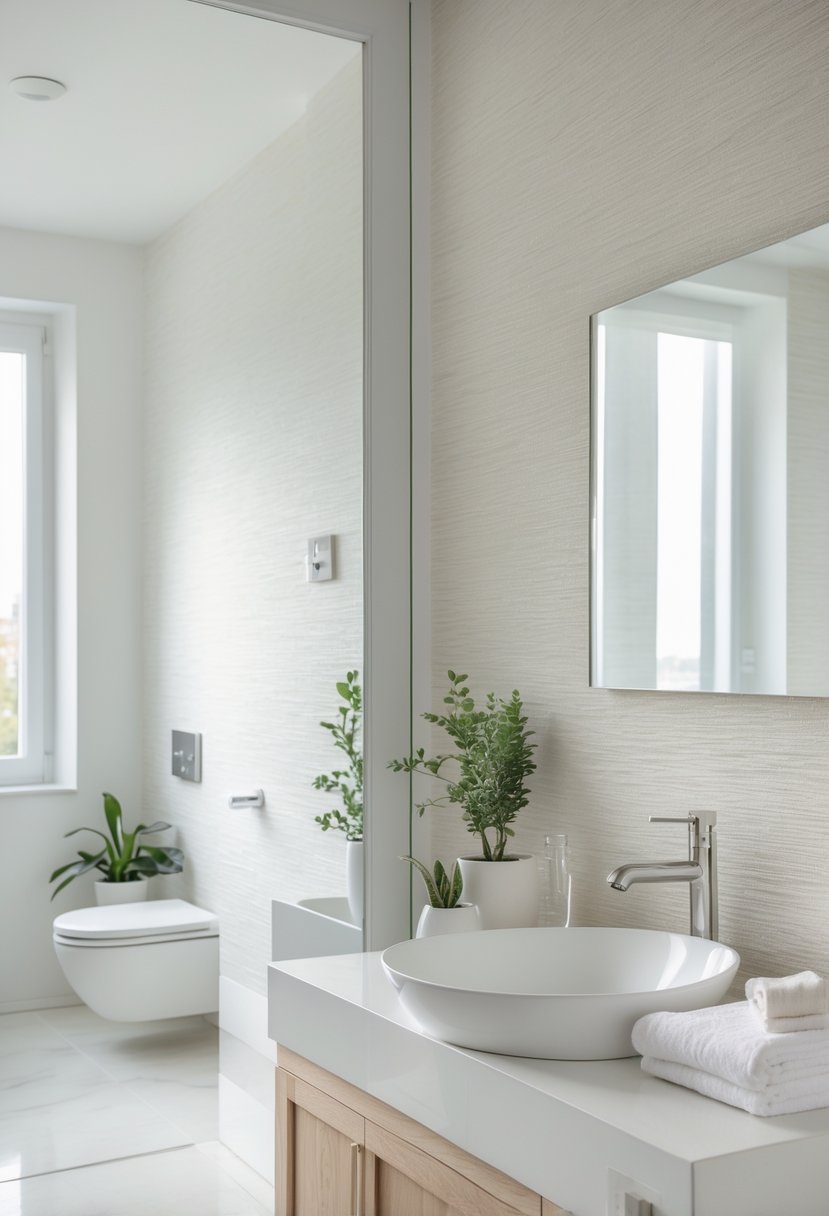 A modern bathroom with textured wallpaper, a white sink, mirror, and small plants.