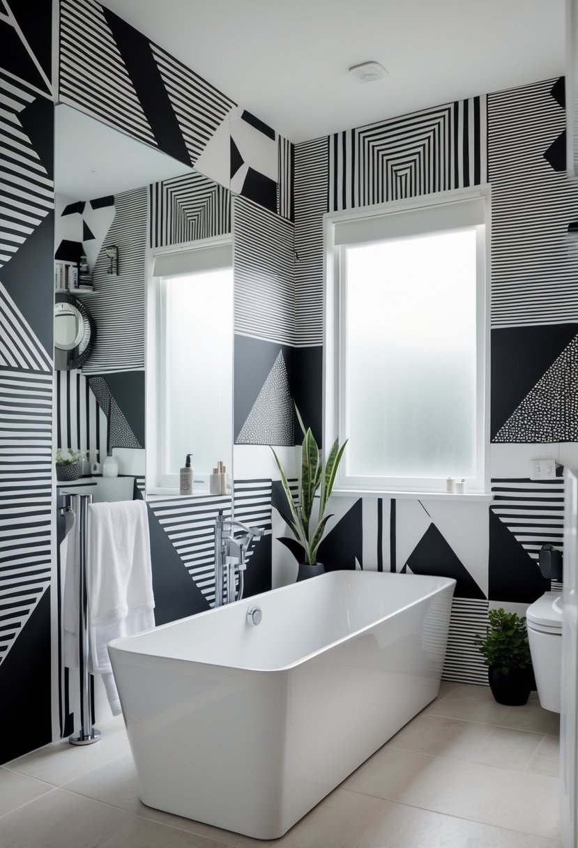 A modern bathroom with black and white geometric patterned wallpaper, a white bathtub, a large mirror, and natural lighting.
