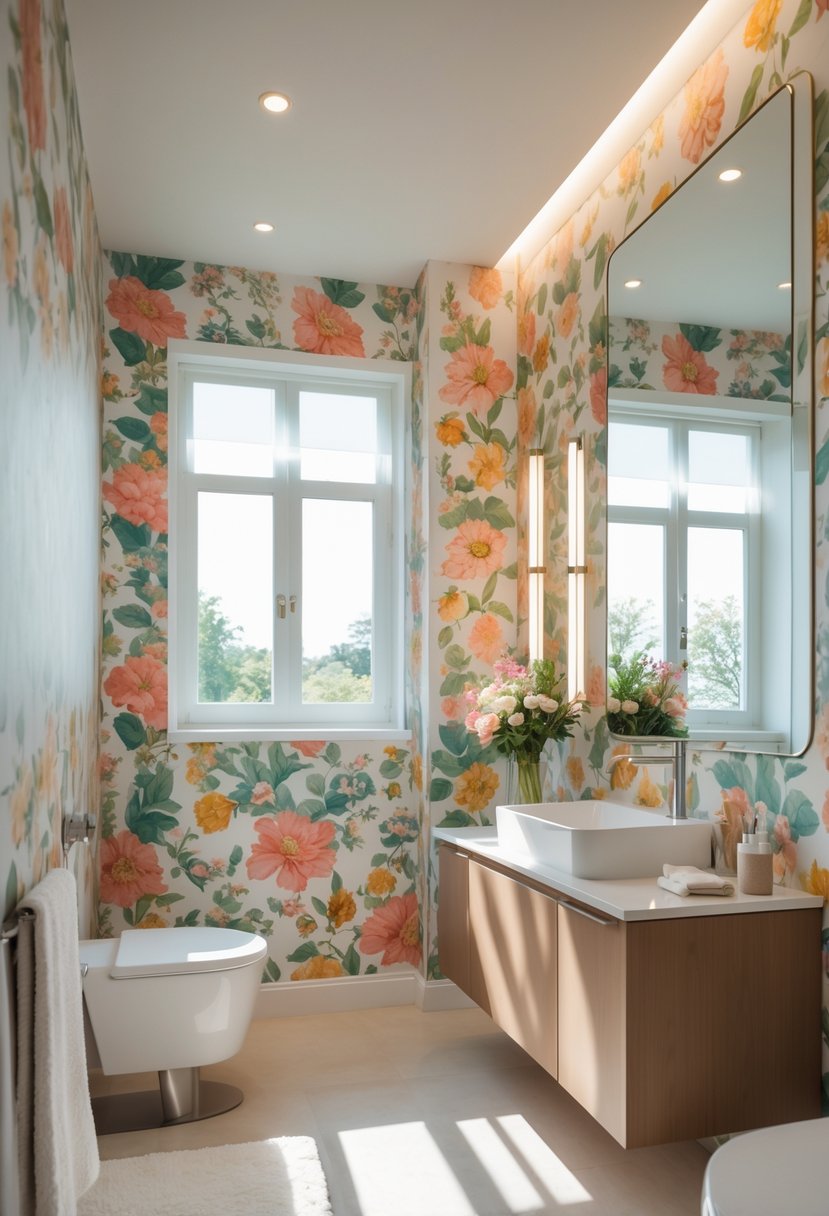 A bright bathroom with floral mural wallpaper, a modern vanity, a large mirror, and decorative flowers on the countertop.