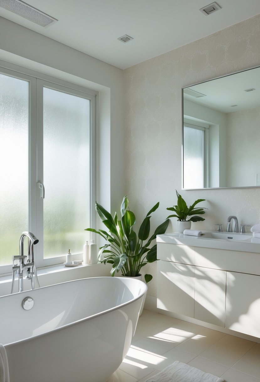 A modern bathroom with white bathtub, chrome fixtures, green plants, and patterned water-resistant vinyl wallpaper.