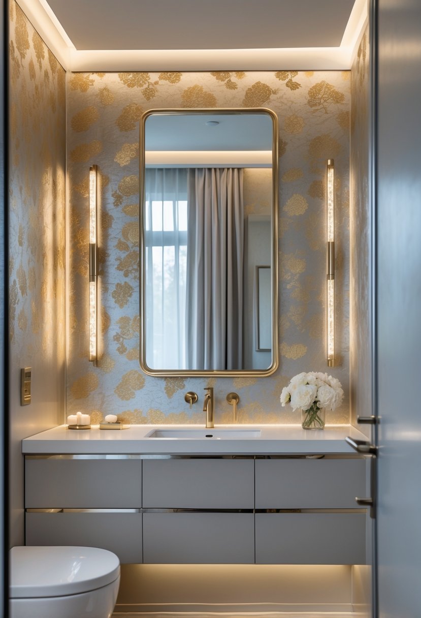 A modern bathroom with wallpaper featuring metallic accents, a vanity, mirror, and soft lighting.