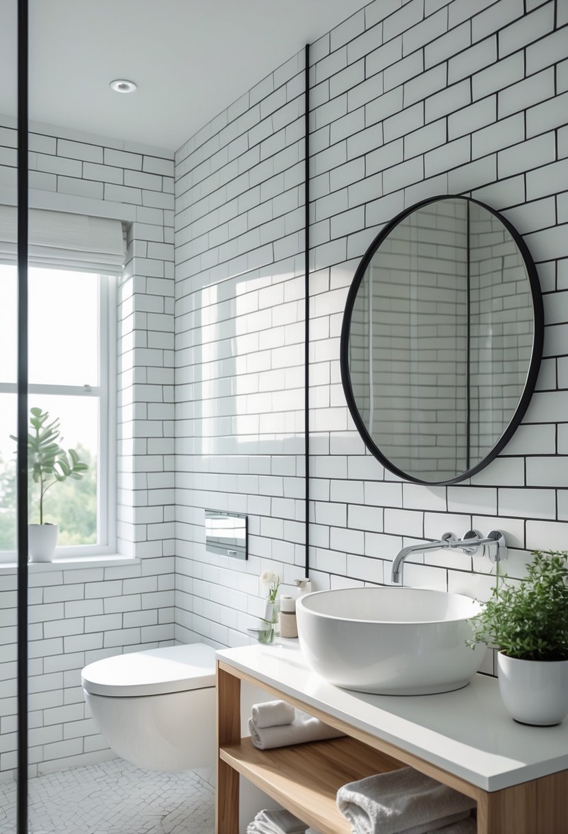 A bathroom wall covered with white subway tile pattern wallpaper, a sink with chrome fixtures, a round mirror, and bathroom accessories.