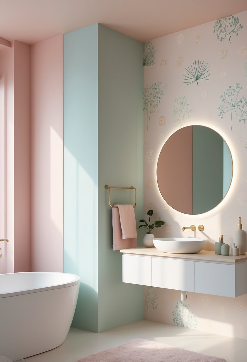 A modern bathroom with a bathtub, floating vanity, round mirror, and pastel-colored wallpaper creating a calm and serene atmosphere.