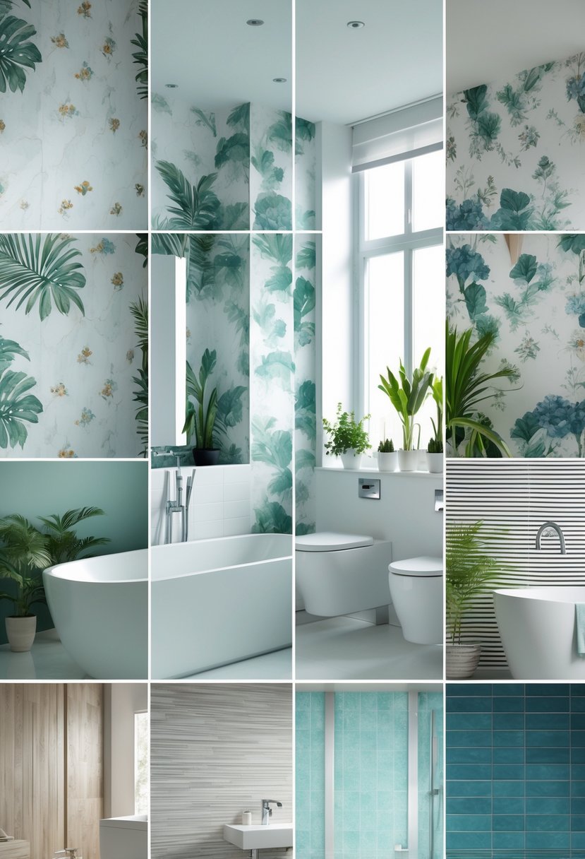A modern bathroom interior showing eight different wallpaper patterns on the walls, with a bathtub, sink, mirror, and plants.