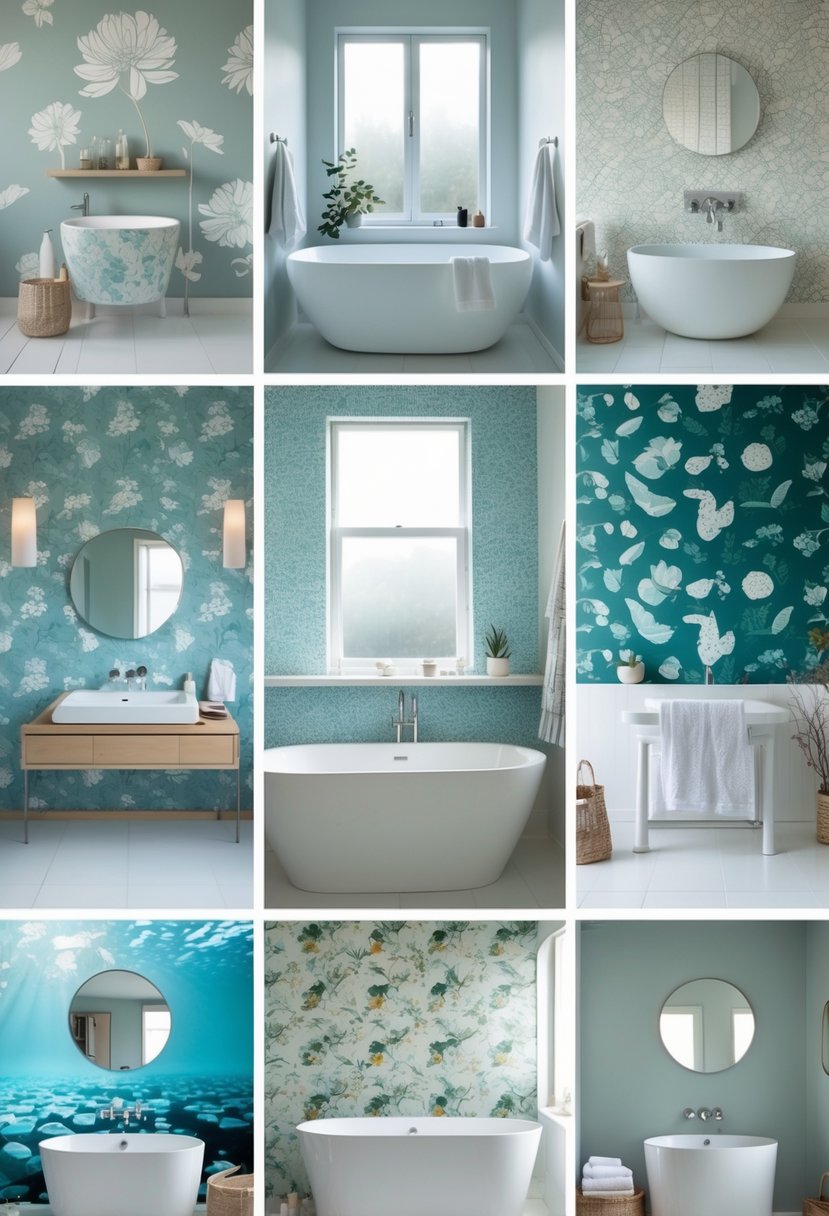 A modern bathroom divided into sections showing eight different wallpaper designs, with bathroom fixtures and accessories visible.