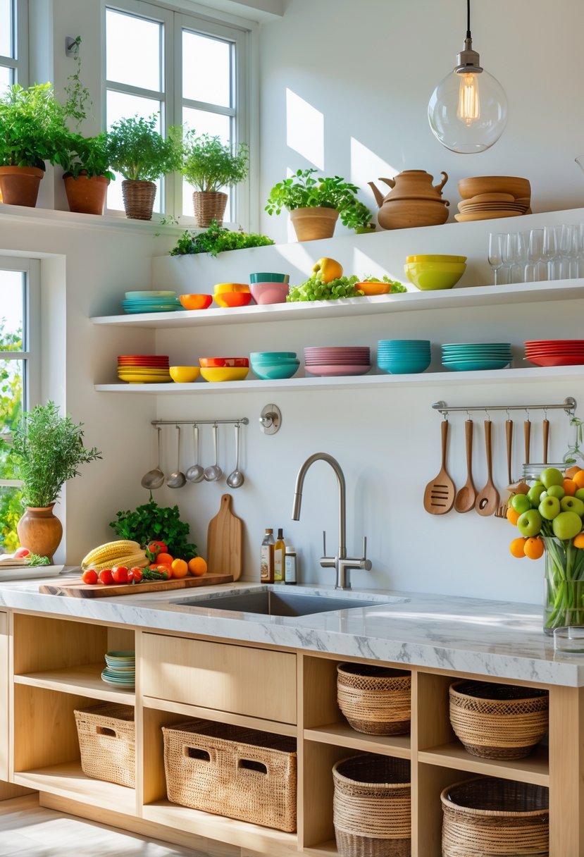 A modern kitchen featuring eight different decoration ideas including potted herbs, open shelves with dishes, a wooden cutting board with vegetables, pendant lights, a stainless steel faucet, a spice rack, woven baskets, and a fruit bowl on the counter.