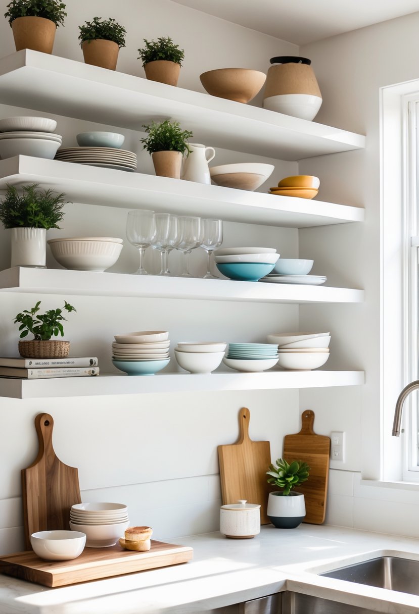 A modern kitchen with open shelves displaying dishware and decorative items above a clean countertop.