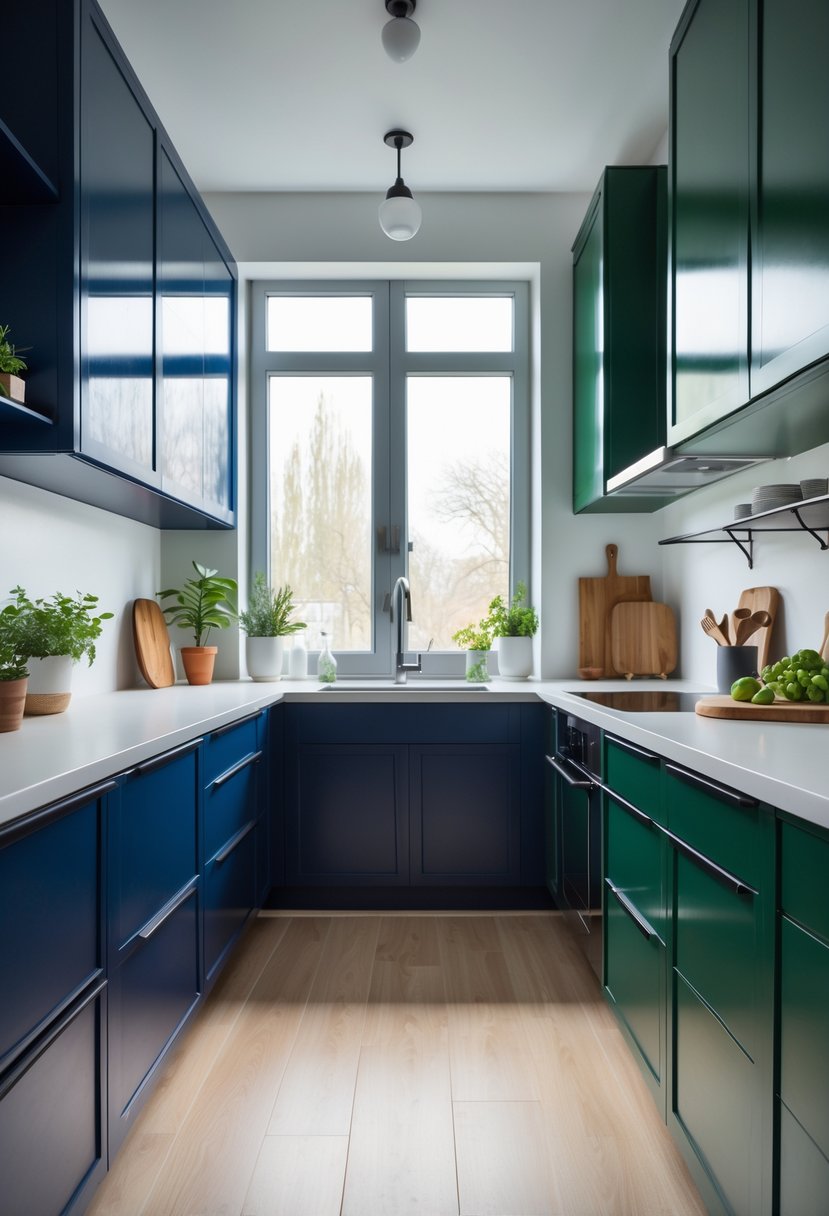 A modern kitchen with navy blue and forest green cabinets, light countertops, wooden floor, and decorative plants.