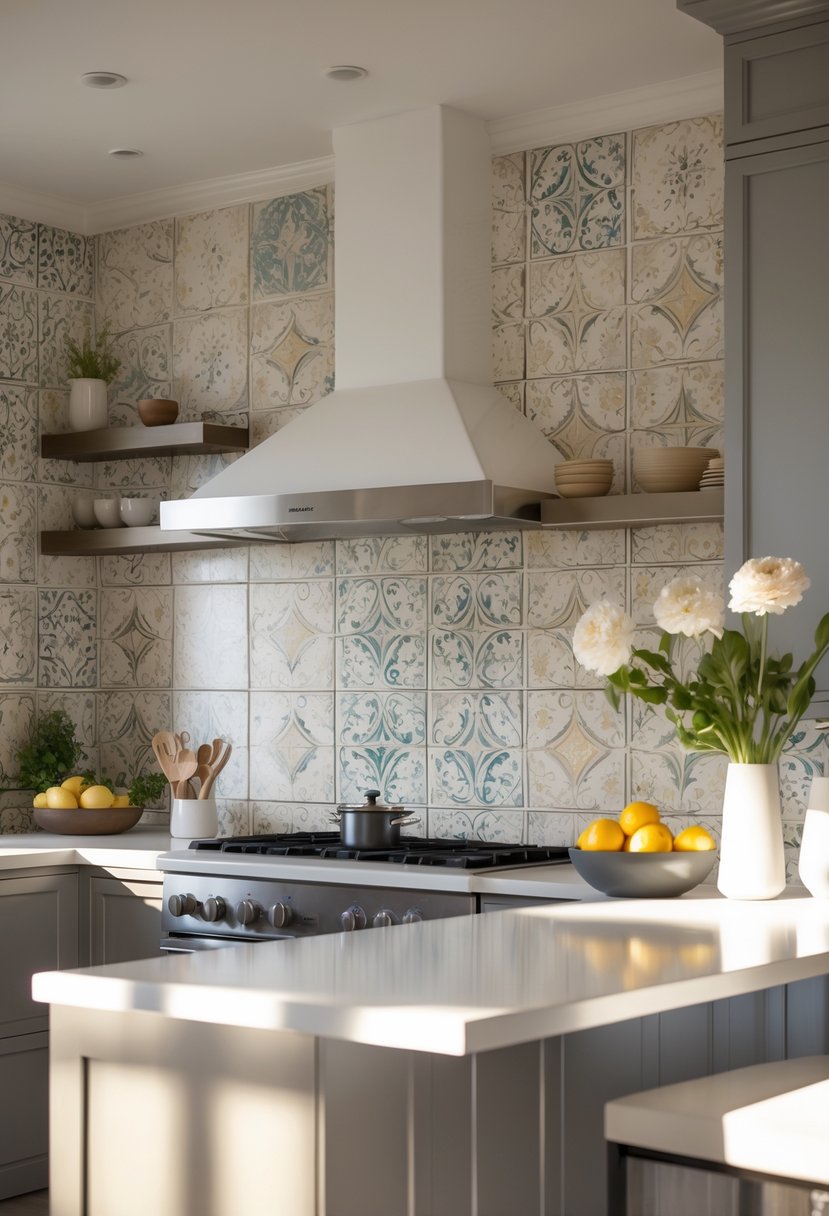 A modern kitchen with a patterned tile backsplash, clean countertops, and decorative items.