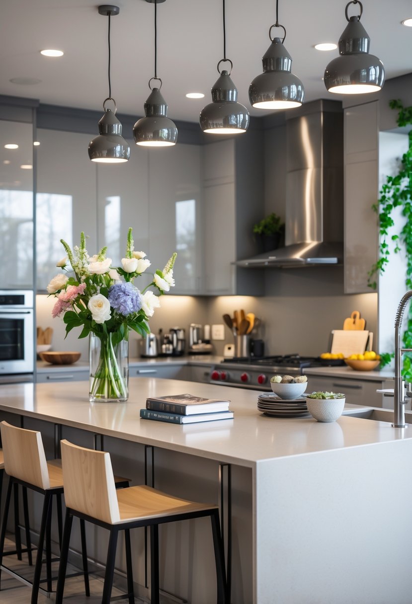 A modern kitchen with a large island under pendant lights and various decorative items on and around the island.