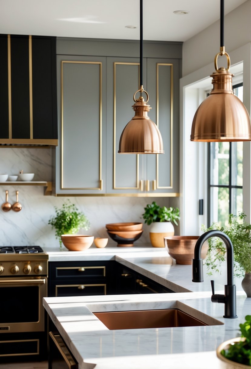 A modern kitchen with mixed metal hardware and fixtures, including brass and black handles, a copper sink, and stainless steel faucet, with a marble countertop and decorative elements.