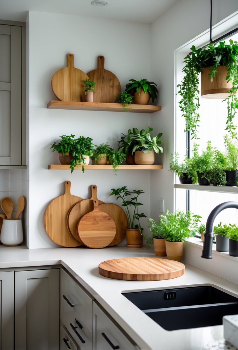 A kitchen countertop and shelves decorated with wooden cutting boards and green potted plants.